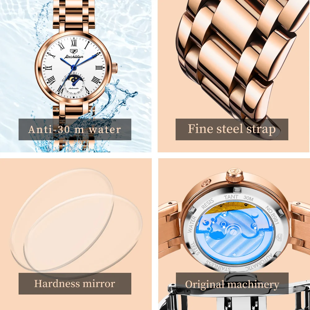 JSDUN 8981 Elegance Luxury Оригинальные автоматические часы для женщин, водонепроницаемые, из нержавеющей стали, простые женские механические наручные часы (art.: 3920d80830f93) - 3920d80830f93