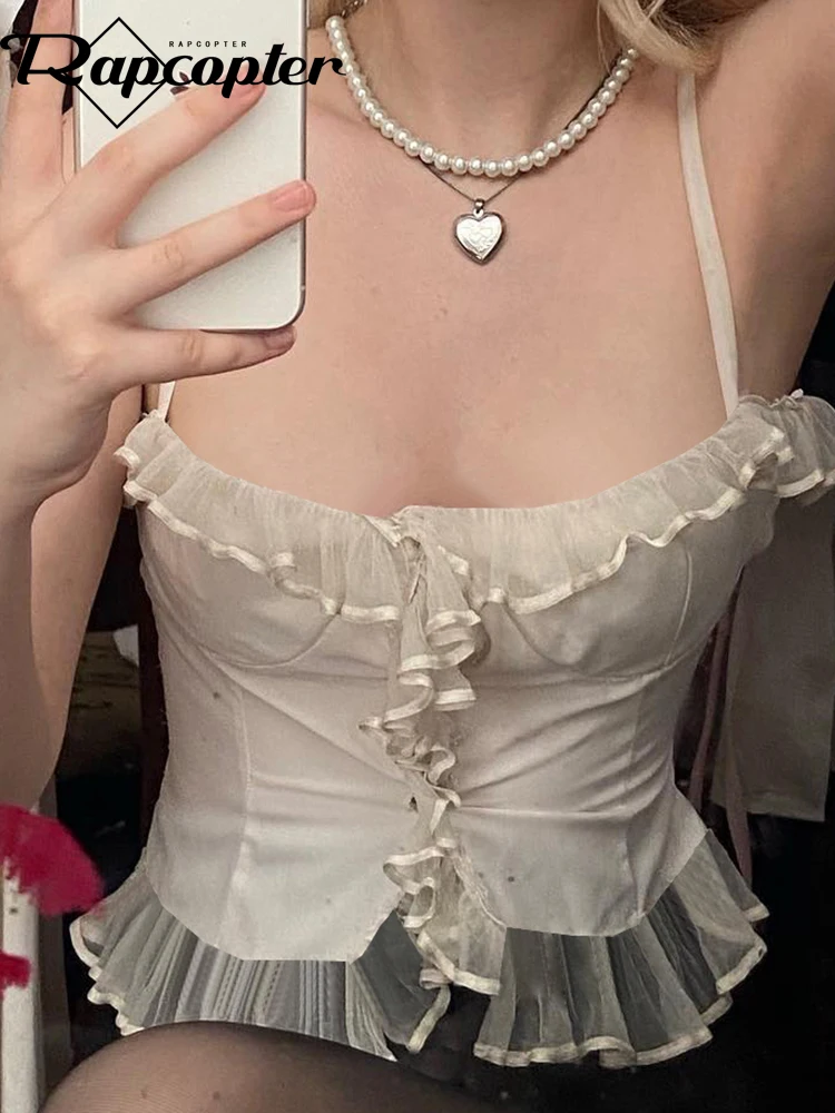 

Rapcopter Y2K корсет с оборками, топ на шнуровке, милый праздничный Ретро укороченный мини-жилет, Женская французская летняя вечерняя пляжная коф...