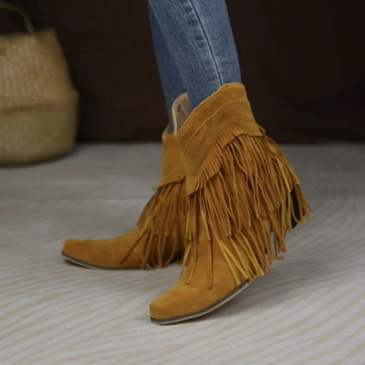 Tassel Western Cowboy Boots Women Fashion Chunky Heels Cowgirl Boots Winter Slip On Female Big Size 43 Ankle Boots
