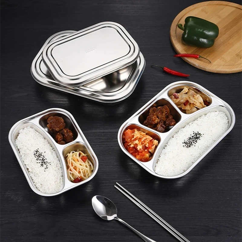 

Stainless Steel Divided Dinner Plate Lunch Box With Lid Fast Food Tray Container 2/3/4 Section School Home Canteen Supplies
