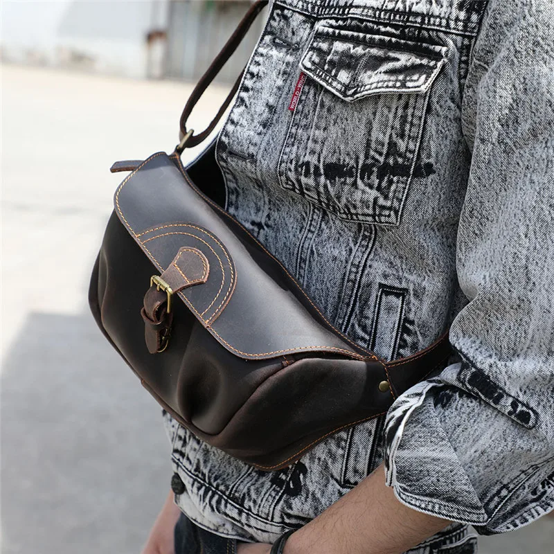 Vintage real leather men's multifunctional chest bag fashion designer natural crazy horse cowhide waist bag luxury shoulder bag