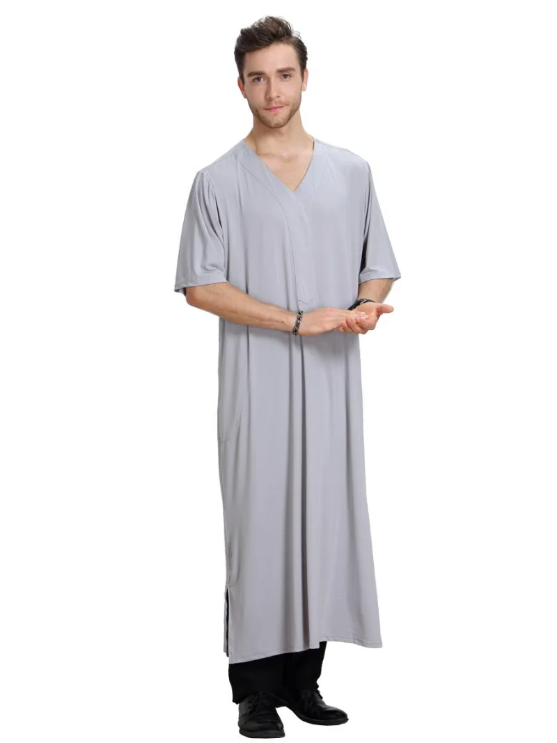 Men Muslim Jubba Thobe Kaftan Dishdasha Thawb Arab Jabbah Men Short Sleeve Robe Summer Casual Loose Islamic Clothes Ramadan New