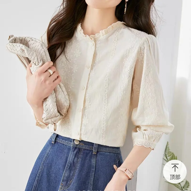 Женская хлопковая блузка с длинным рукавом кружевная простая оборками и