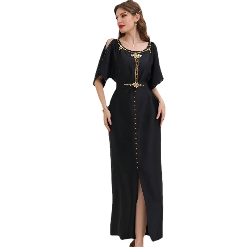 

Rhinestones Satin Party Dress Moroccan Kaftan Women Fashion Handwork Muslim Abaya with Belt Evening Gown Middle East Arabic Oman
