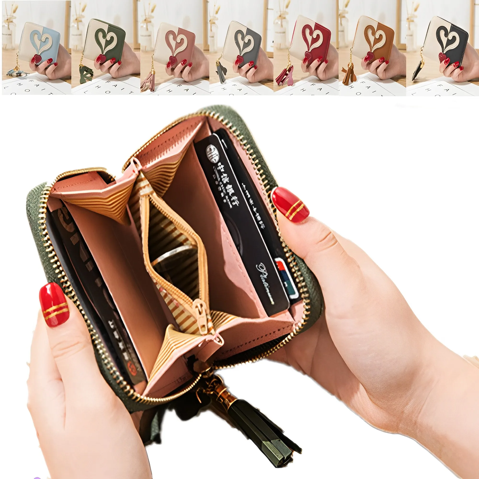 

Women'S Panelled Heart Wallet Small Wallet New Coin Purse Zipper Ladies Short Student Fashion Mini Panelled Color Tassel Wallet