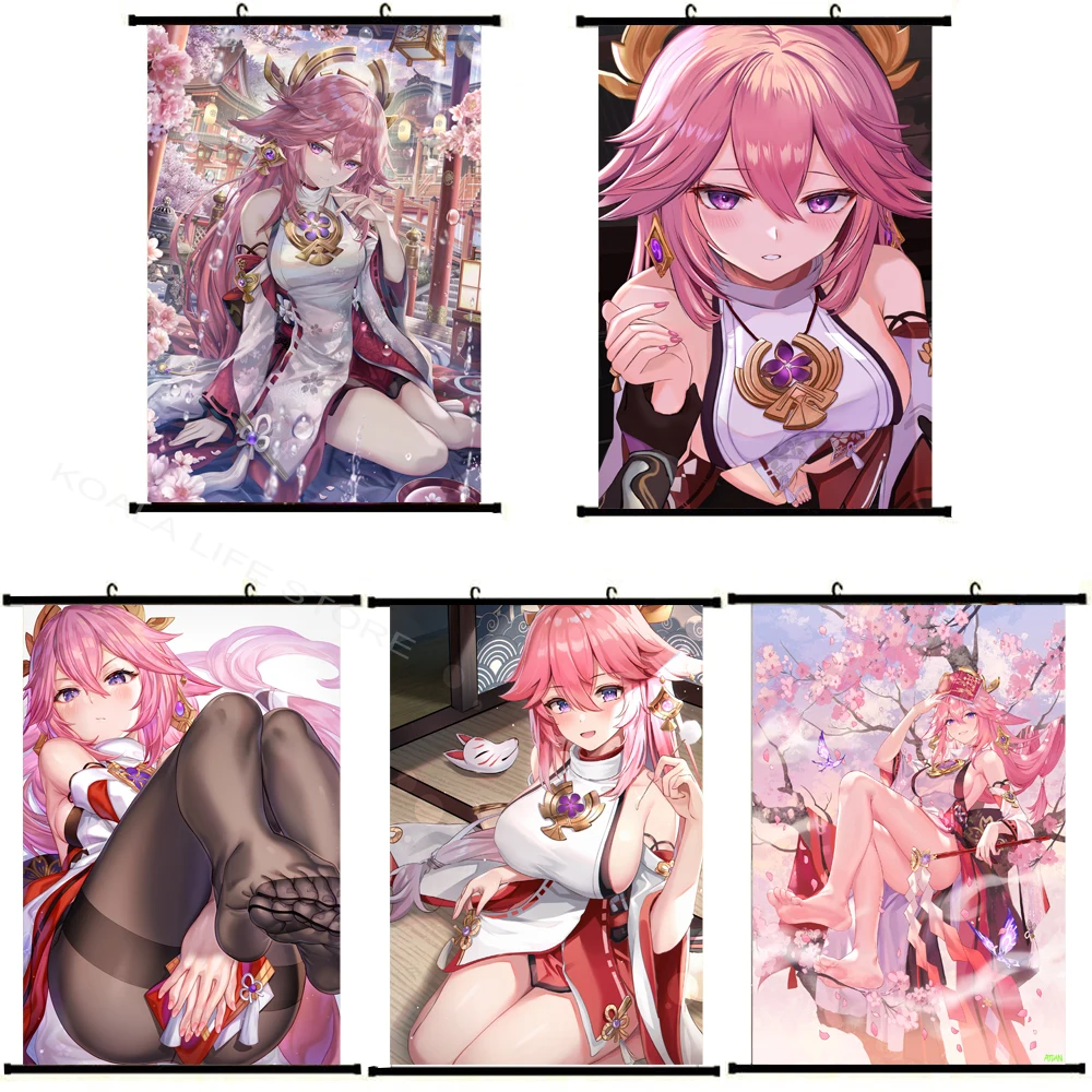 

Character Anime Yae Miko Canvas Pictures Genshin Impact Poster Printed Wall Art Plastic Scroll Hanging Painting Home Decoration