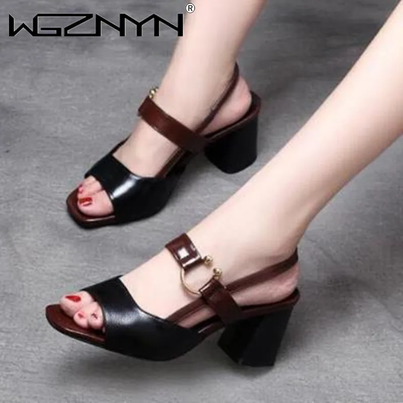 

Woman High Heels Sandals Summer Rome Shoes Square Thick Heel Peep Toe Metal Buckle Fashion Hollow Solid Gladiator Pumps Sandals