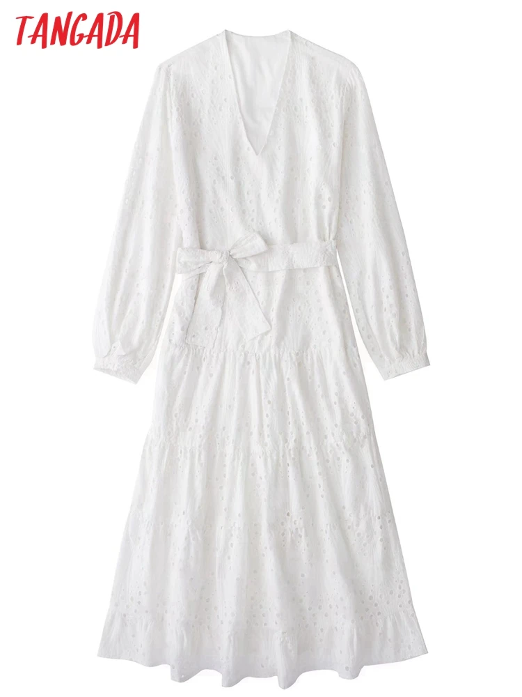 

Tangada women white cotton embroidery romantic dress long sleeve with slash females long dresses vestidos 3H177