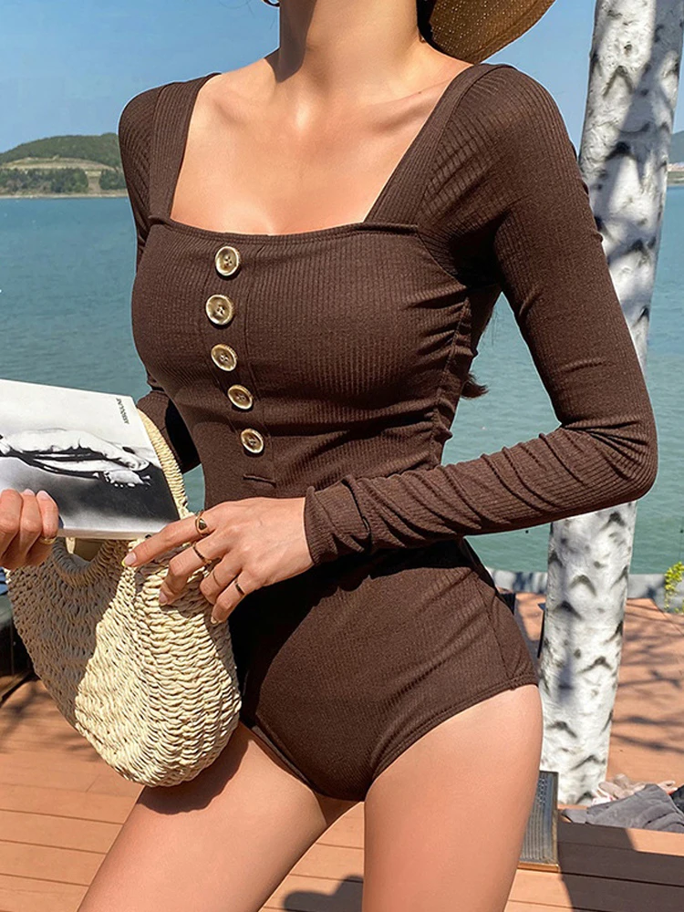 

Сексуальный однотонный слитный купальник Vigorashely 2022 с длинным рукавом, купальник пуш-ап с высоким вырезом, женский купальник с открытой спин...