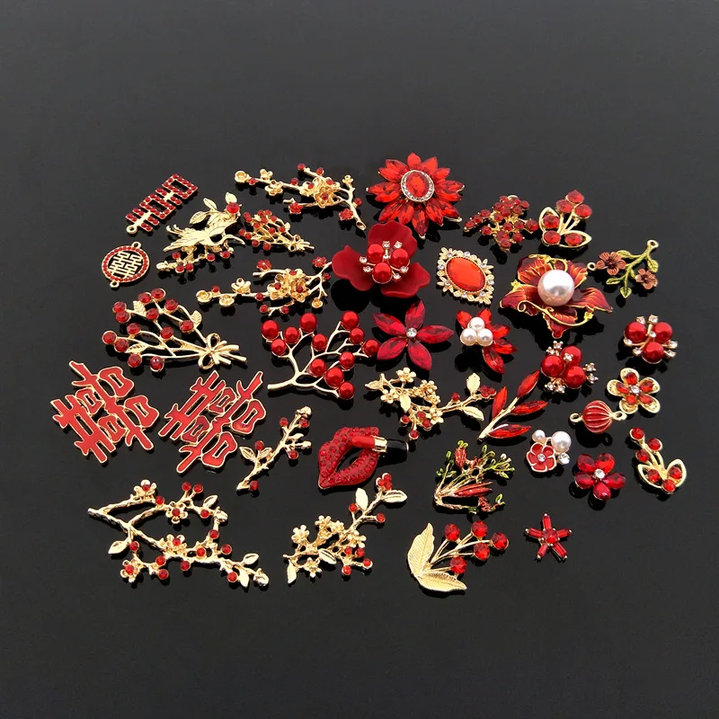 

10 PCS Inlaid With Red Crystal Rhinestone Branches Flowers Metal Alloy Headdress Accessories For DIY Jewelry Making Decoration