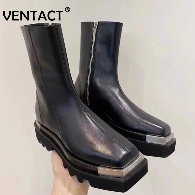 

VENTACT New Fashion Women Ankle Boots Real Leather Square Toe Zipper Cool Party Ladies Short Boots Fashion Footwear Size 34-39