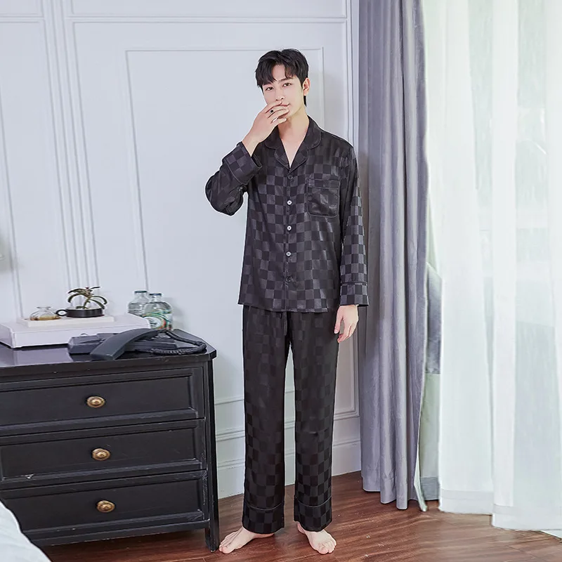Noble Silk Pajamas for Men Black Plaid Silk Pajama Man Sleepwear Set Men's Home Suit Couple Pajamas