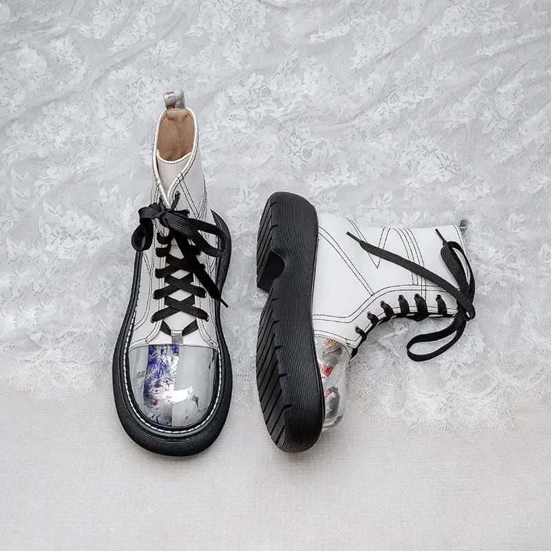 Ankle Boots Leather Women Flat Platform Short Booties Fashion Pu Leather Female Autumn Winter Boots Platform Shoes