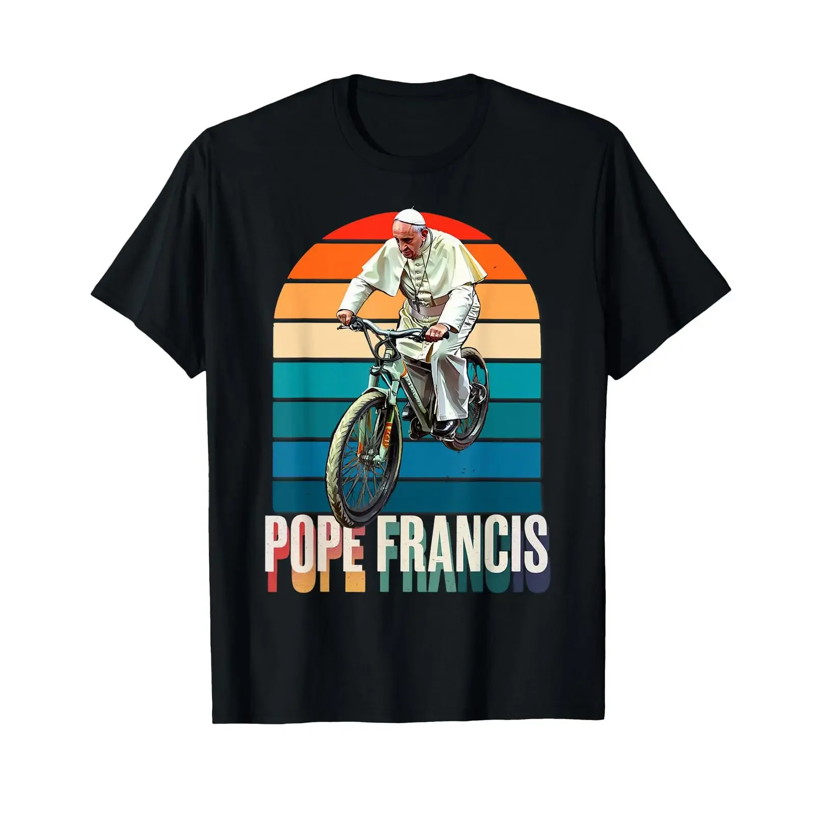 Фото Футболка Pope Francis Vatican Catholic Saint Biking, черная, размер S, винтажная, с эффектом потертости, мягкая, универсальная, повседневная, с графическим принтом, уличная одежда для мужчин. №1