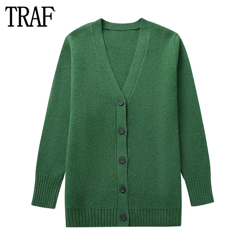 

TRAF Green Long Cardigan Women Basic Knitted Sweater Cardigans for Woman Long Sleeve Ribbed Cardigan Woman 2023 Autumn Knitwears