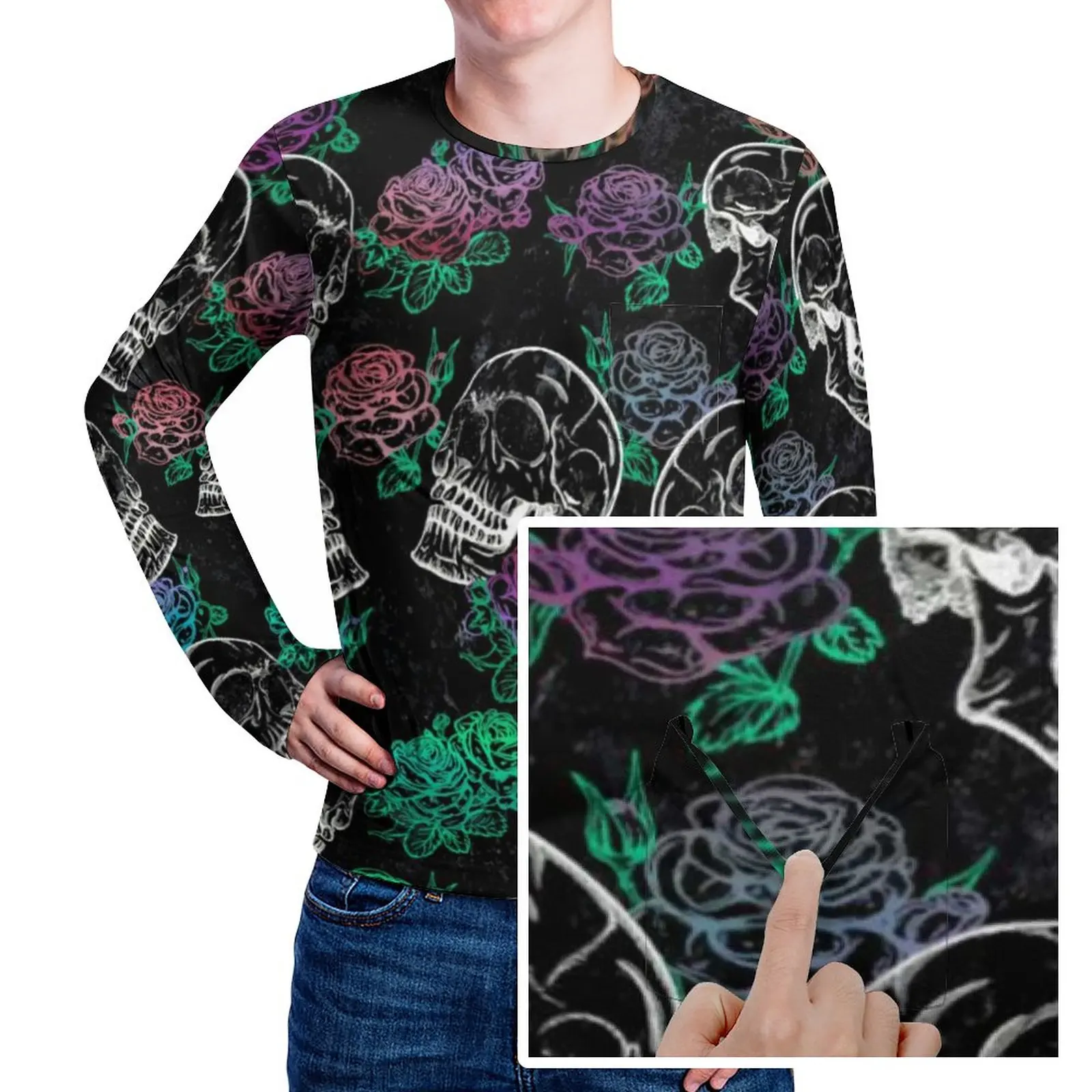 

Floral Sugar Skull T-Shirt Male Ombre Roses Print Girly Pastel Awesome T Shirts Autumn Retro Tee Shirt Long Sleeve Oversize Tops