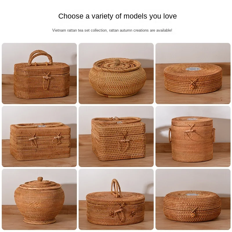 

Плетеная деревянная портативная коробка для хранения косметики ручной работы, коробка для мелочей и чая, корзина для хранения продуктов из ротанга, предметы первой необходимости