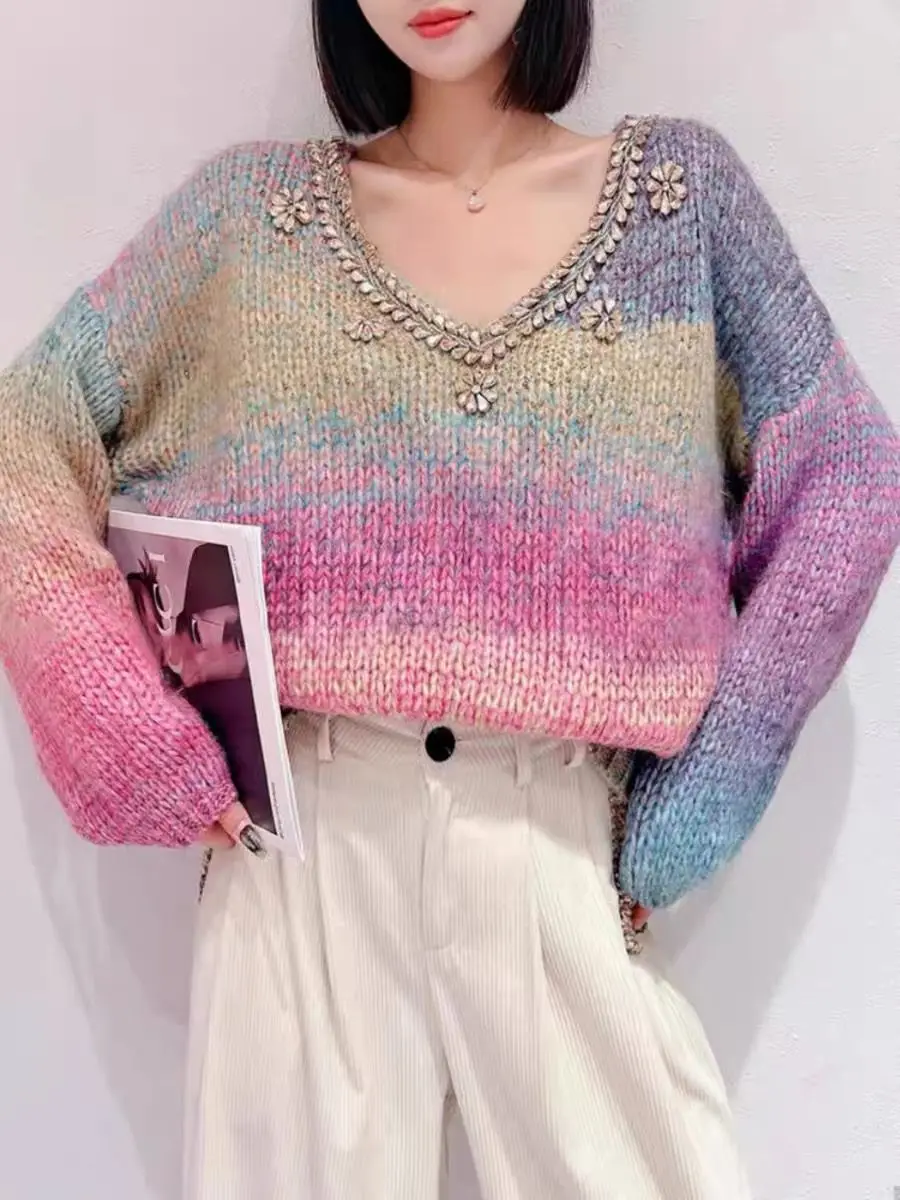 Женский короткий пуловер с градиентом свитер осеннее вязаное женское пальто