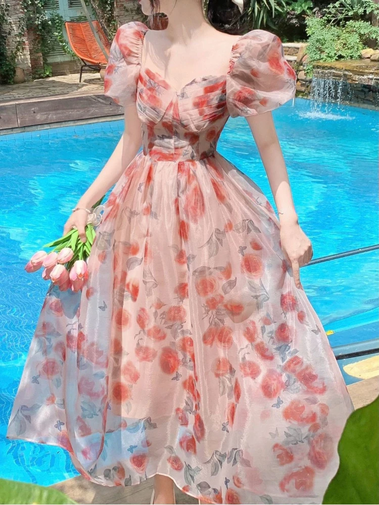 

Летнее винтажное платье-миди с цветочным принтом, женское платье в пляжном стиле, элегантные сказочные платья в стиле бохо, повседневное цельное платье, корейская мода для женщин, 2023