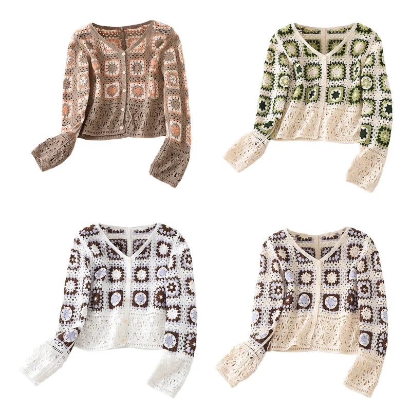 

Женский вязаный кардиган с длинным рукавом, вязаный крючком кардиган контрастной расцветки, тонкий укороченный свитер, пальто, жакет для ос...