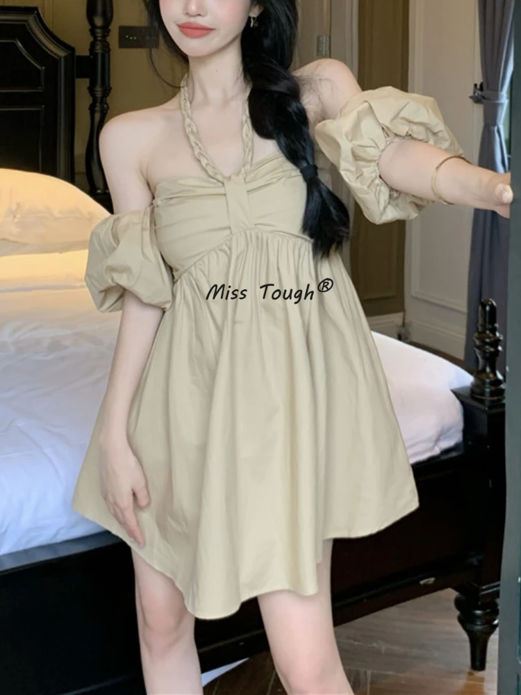 

Elegant Backless Mini Dresses Women Holiday Halter Neck Sweet Party Dress Trendy Korean Casual Lovely Vintage Dress Summer 2022