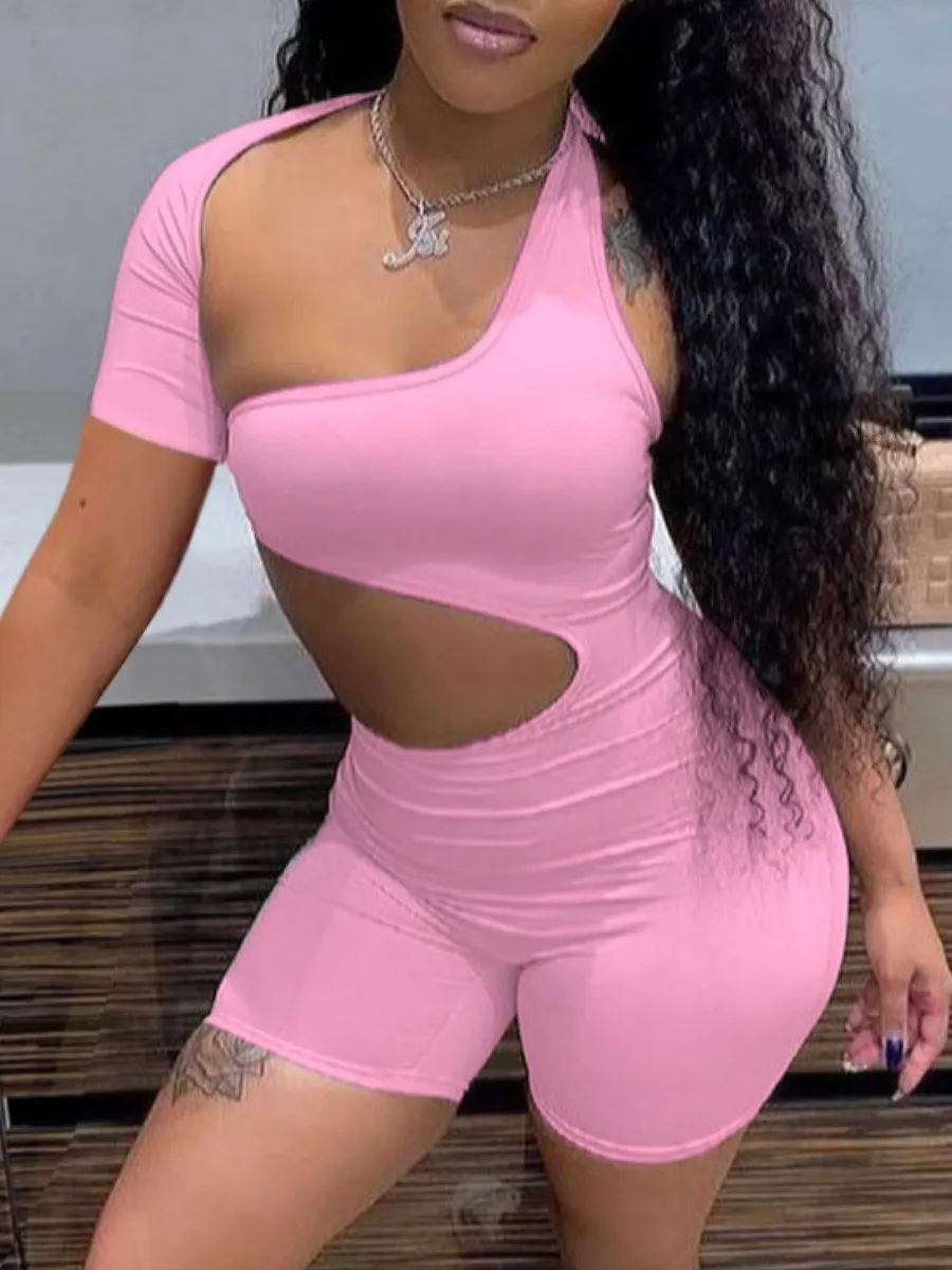 LW One Shoulder Sexy Cut Out Rompers BASICS Asymmetrical Cut Out Skinny Romper Womens Jumpsuit Skinny Slim Jumpsuits Summer