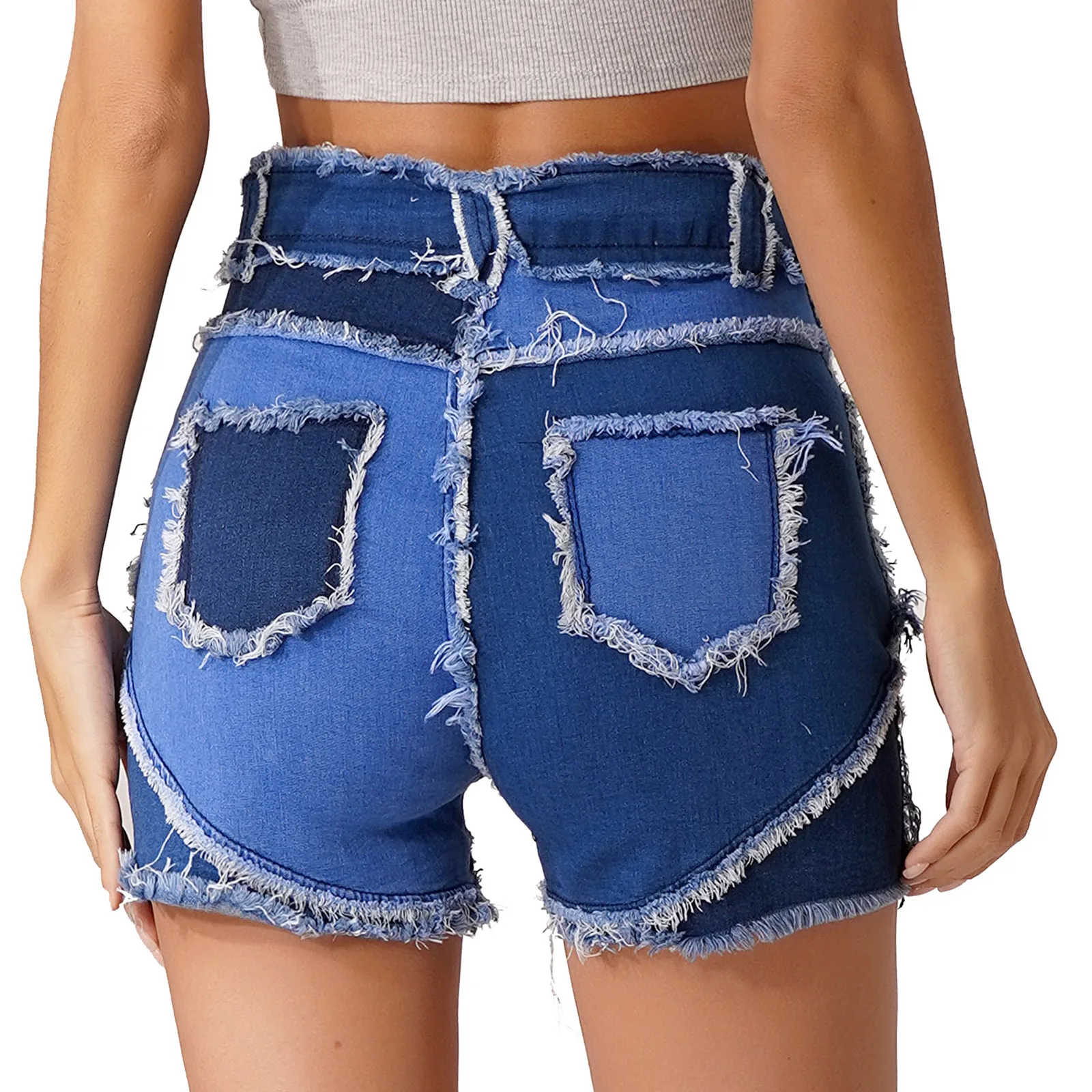 Women Fashion Color Block Denim Shorts Patchwork Frayed Hem Short Jeans High Waist Hot Pants for Club Music Festival