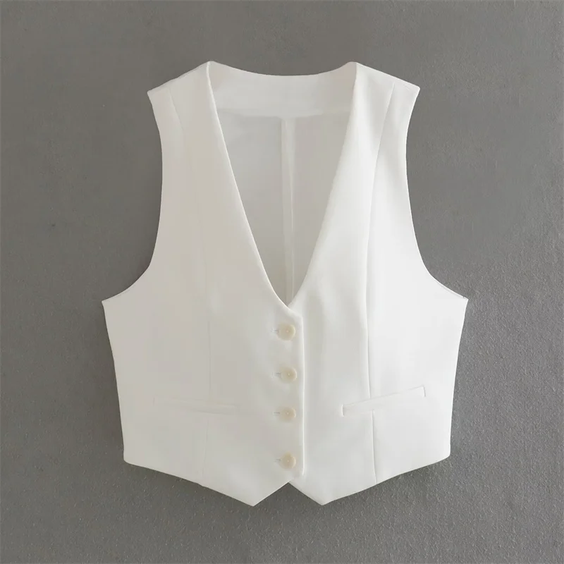 

TRAF White Short Waistcoat For Woman 2023 Summer Commuting Style Sexy V-neck Front False Welt Pockets Sleeveless Vest