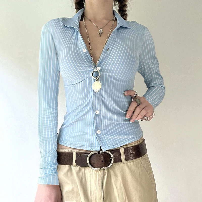 Biikpiik Женская Полосатая Рубашка Повседневная Приталенная Блузка С Длинным