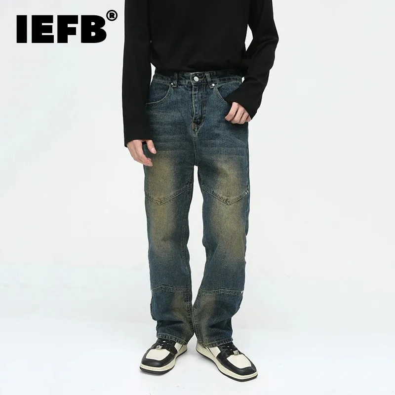 

Винтажные мужские джинсы IEFB с соединением, модные прямые джинсовые брюки в стиле ретро, корейский стиль, нишевой дизайн, тренд, осень 2023, уличная одежда 9C2962