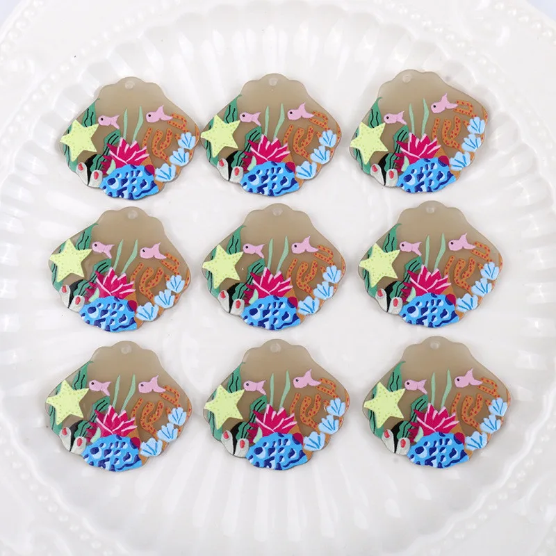 

New style 50pcs/lot cartoon pattern print geometry scallops shape acrylic beads diy jewelry earring/garment pendant accessory