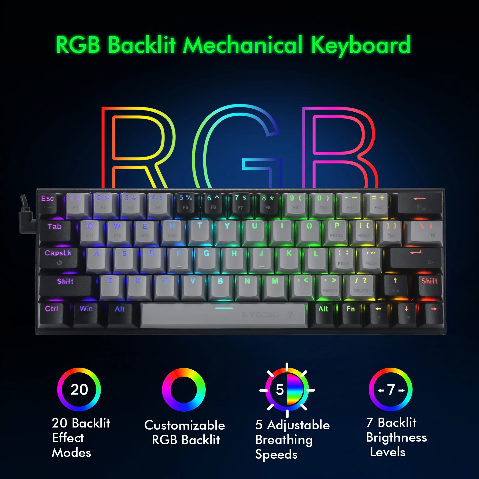 HUOJI Z11 63keys RGB Mechanical Gaming Keyboard Surpport Bluetooth/Wireless 2.4G/USB 3 mode with Red switch for PC,Laptop,Mac OS enlarge