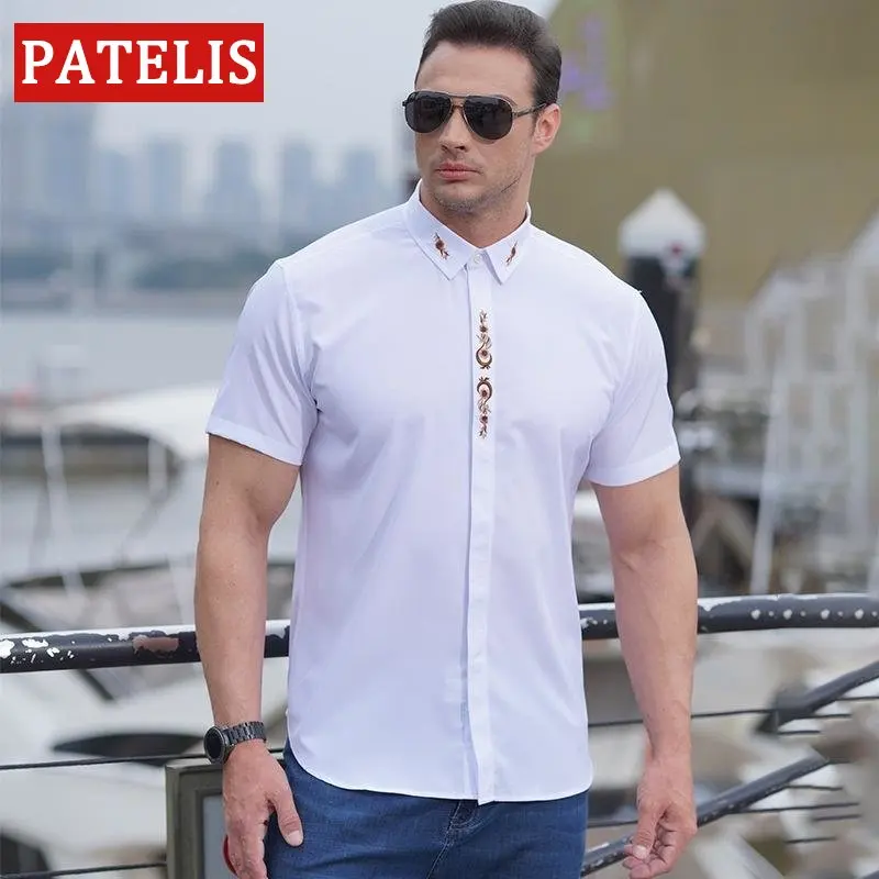 

Мужская Однотонная рубашка с вышивкой и отложным воротником