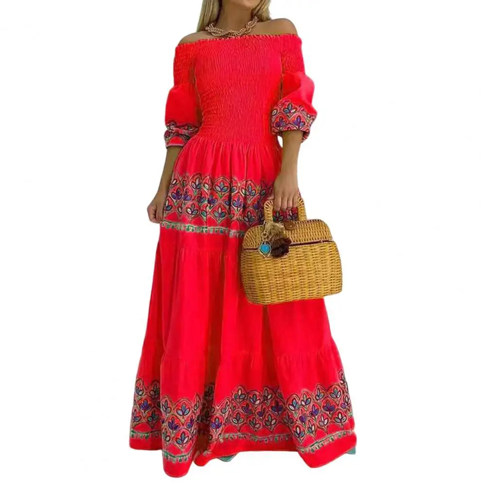 

2022 Summer Women Dress Elegant Ethnic Style Three Quarter Sleeves Ribbed Off Shoulder Elastic Bust Maxi Dress for Women Clothes