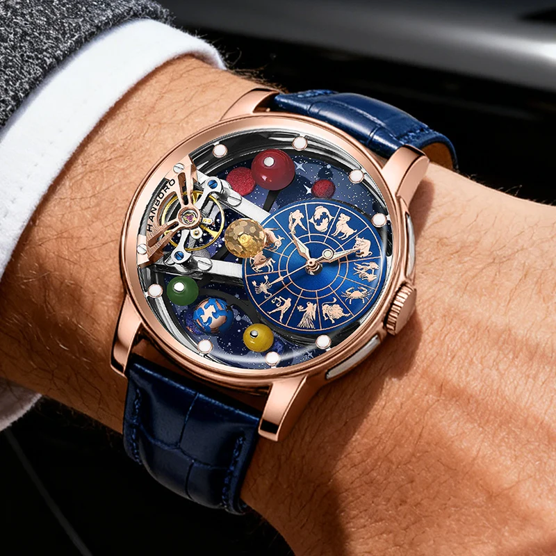 Фото Мужские полностью автоматические механические часы HANBORO Celestial Series 12 Constellation с эффектом звездного неба и ночной подсветкой, трендовые №3