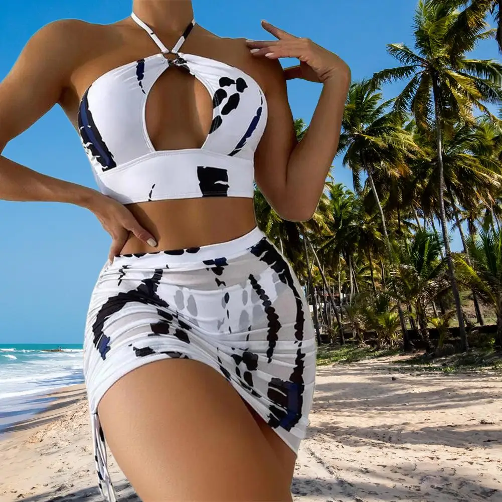 

Skinny Good Elasticity Sexy Irregular Print Three-piece Women Cover Up Swimwear for Water Activity