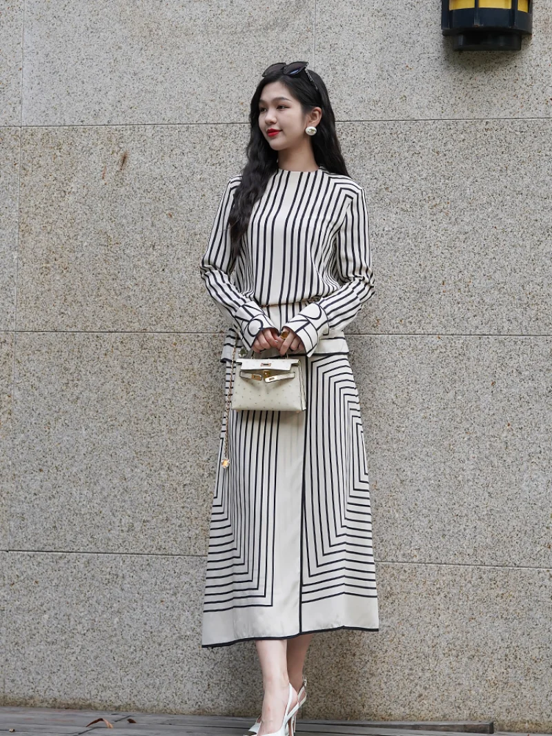 

ChiffonShirt + Skirt Women's Matching Sets Summer 2023 New Striped Slim Long Sleeve O-Neck Suit Elegant Clothing YCMYUNYAN