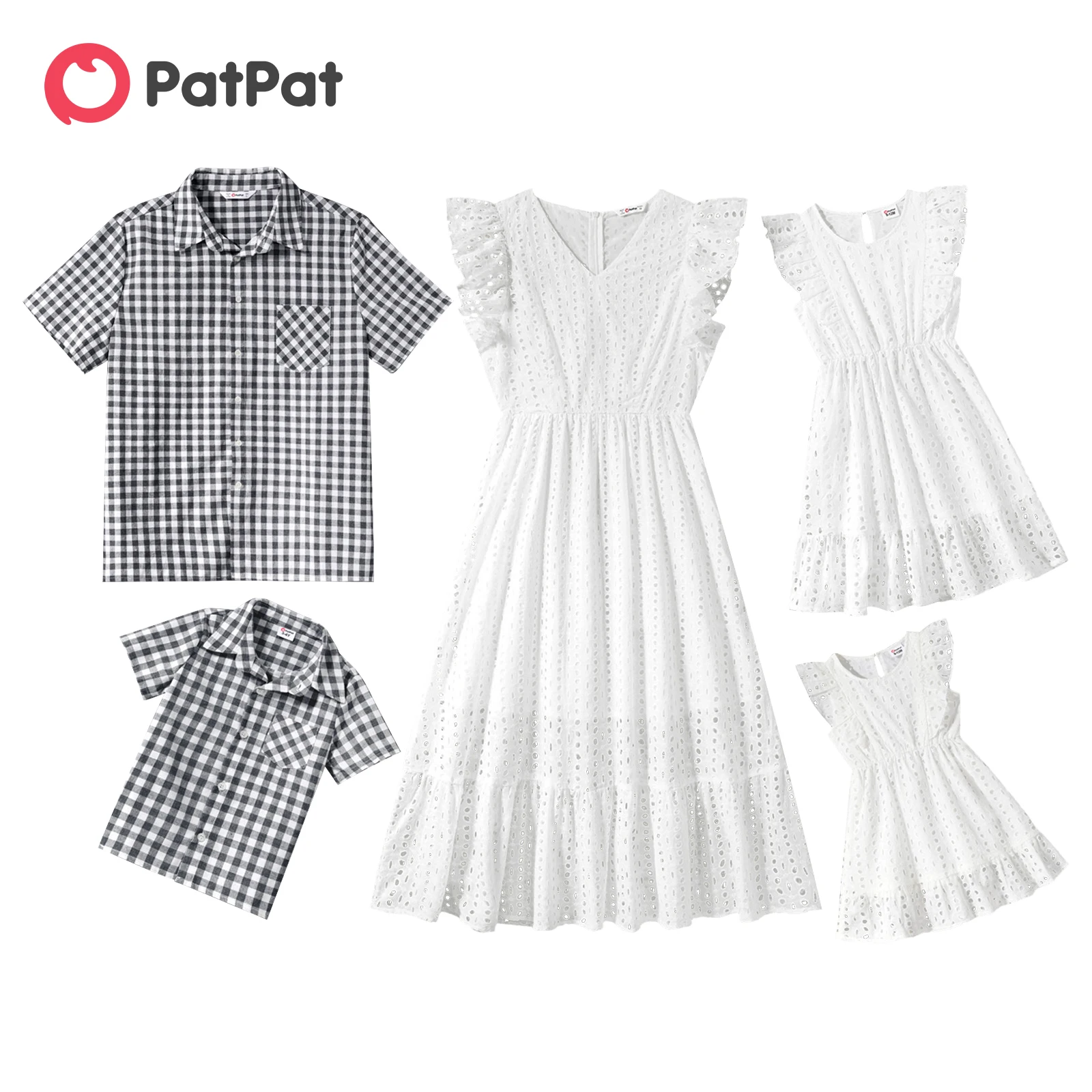 

PatPat Family Matching Outfits 100% Cotton Eyelet Embroidered Flutter-sleeve Dresses and Short-sleeve Gingham Shirts Sets