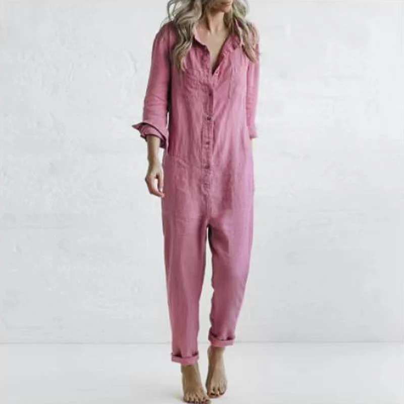 Autumn Single Breasted Button One Piece Jumpsuit Women Turn-down Collar Elastic Waist Romper Spring Solid Pocket Cotton Overalls