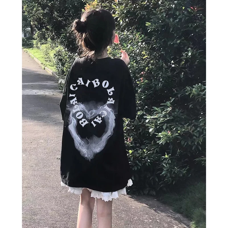 

American Black Tshirts Loose Chic Women O Neck Half Sleeve Tees Summer Camisetas High Street Mid Length Heart Letter Print