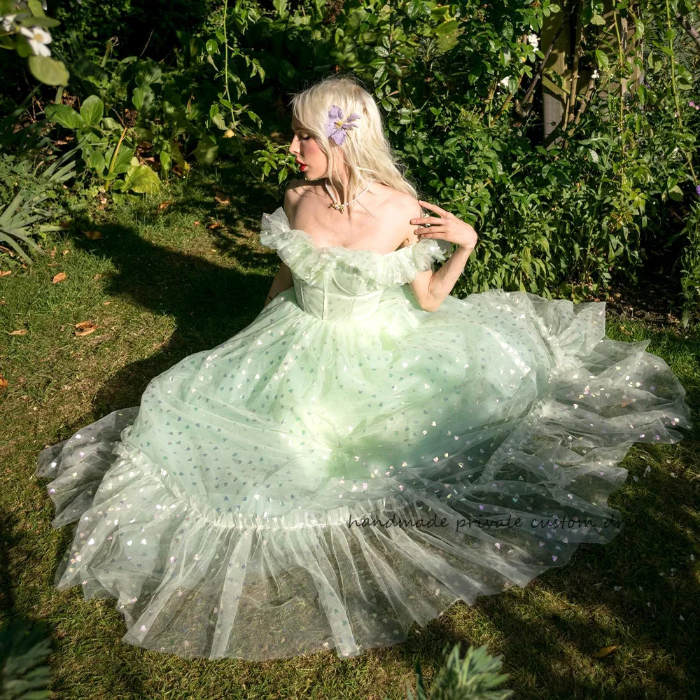 

Shinny Green Tulle Fairy Homecoming Party Dress Off Shoulder Corset A Line Evening Prom Dress 2023 Customized Graduation Gowns
