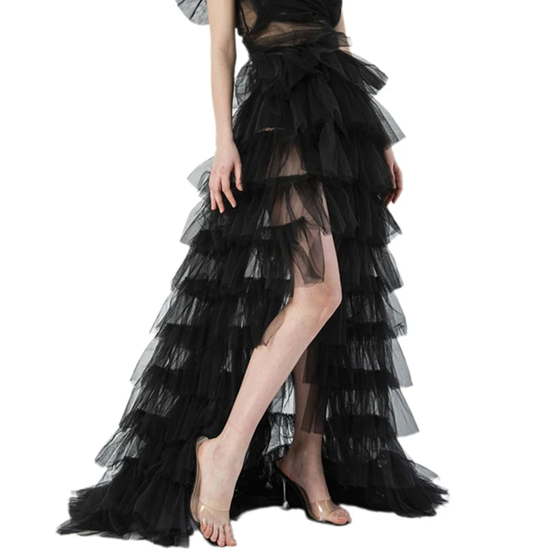 

Women Tulle Skirt Summer Solid Color Sheer Mesh See Through Tied-Up Frill Ruffle Irregular Maxi Skirt Wedding Party Beachwear