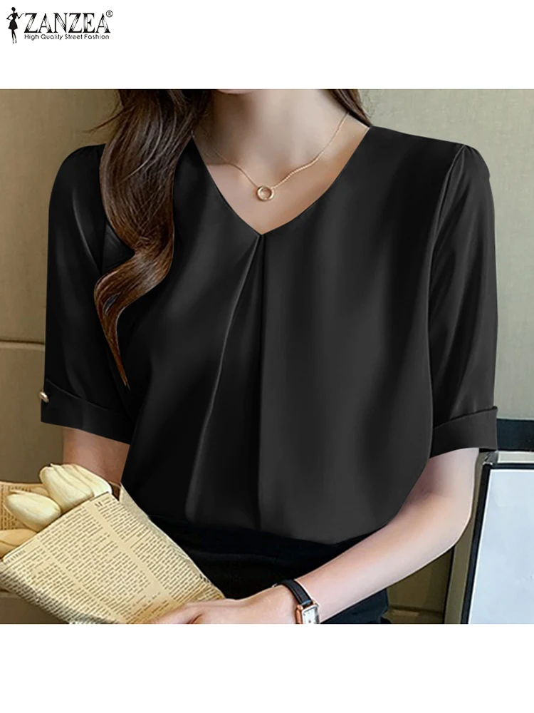 

Женская Однотонная рубашка ZANZEA с коротким рукавом и V-образным вырезом, летняя блузка, Простые Модные Элегантные повседневные свободные топ...