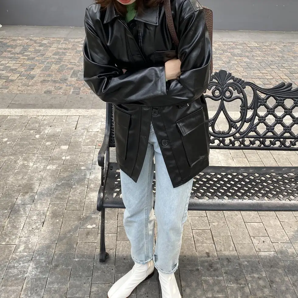 Women Autumn Spring Leather Cost Jacket Cool Girl Leather Black Coffee Turn-Down Collar Blazer+Female Green Turtleneck Sweater