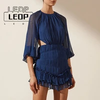 ledp summer new sexy backless slim solid color long sleeved ruffle dress womens seaside holiday style mini dress women