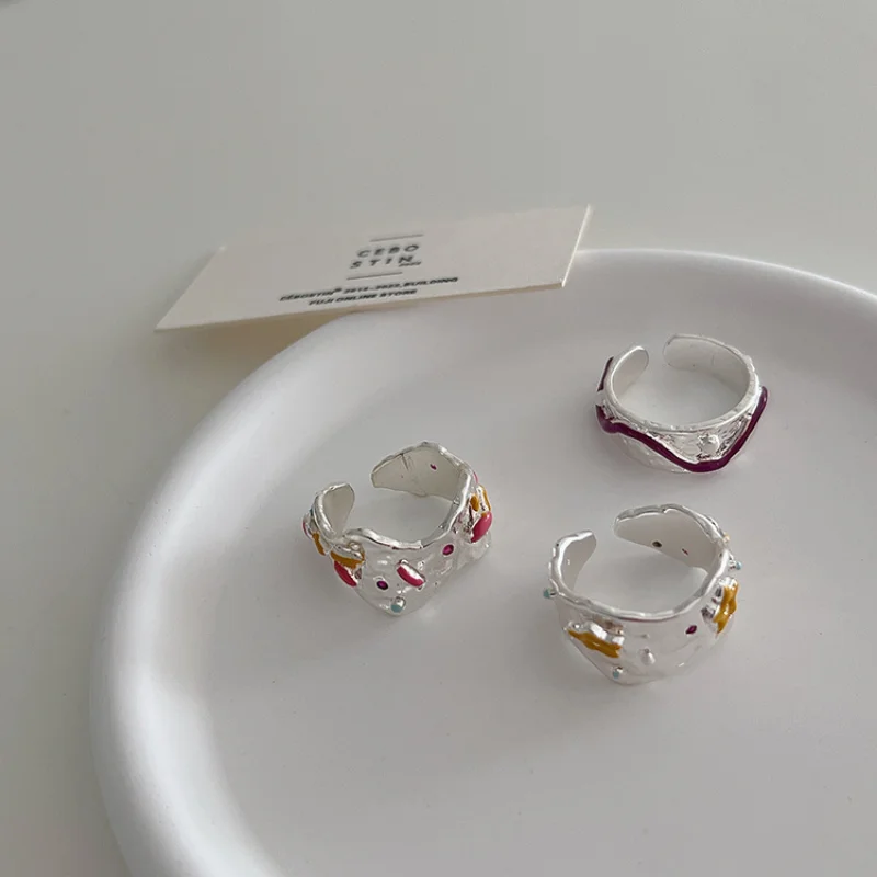 

Minar Unique Design Colorful Enamel Irregular Metallic Rings for Women Silver Color Alloy Wide Chunky Charm Ring Accessories