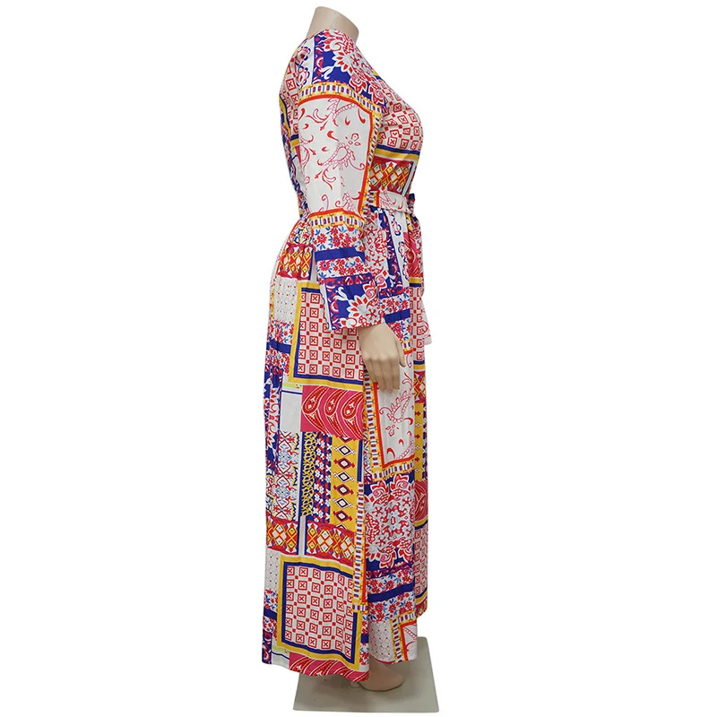 Indie Folk Ethnic O-Neck Pink Long Sleeve Pleated Skirt Vintage Print Bandage Plus Size Maxi Dress Spring Autumn Women Clothing
