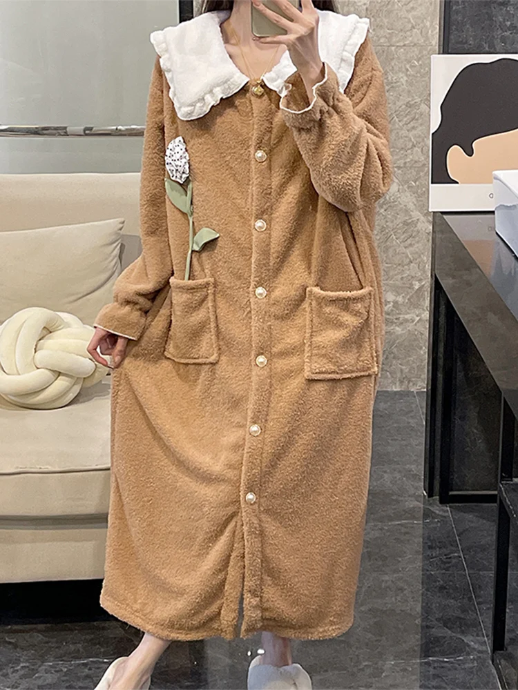 Autumn and Winter Soft Nightdress Coral Fleece Thickened Long dress Pajamas Women Half Velvet Fleece-lined Can Be Worn outsid...