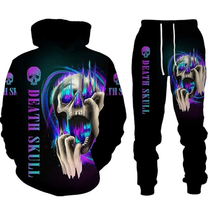 Autumn Winter Men Tracksuit Sets Skulls Letter Printed Hoodie Outfit Hip HOP Clothing Sweatshirts Pants 2Piece Hooded Sport Suit