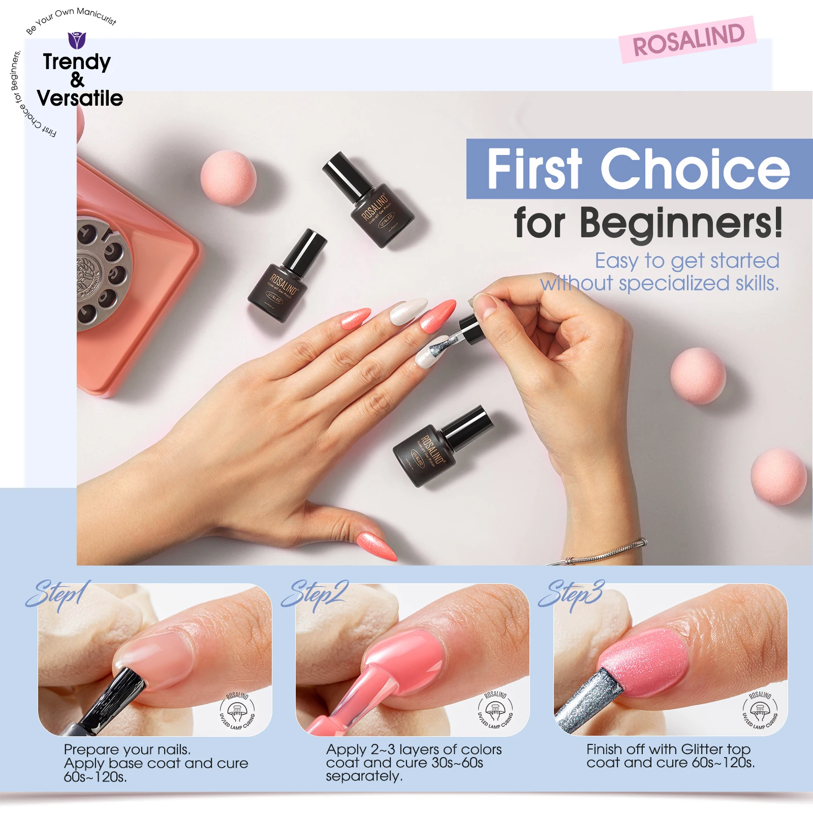 Гель-лак для ногтей ROSALIND базовое и топовое покрытие принадлежности средство
